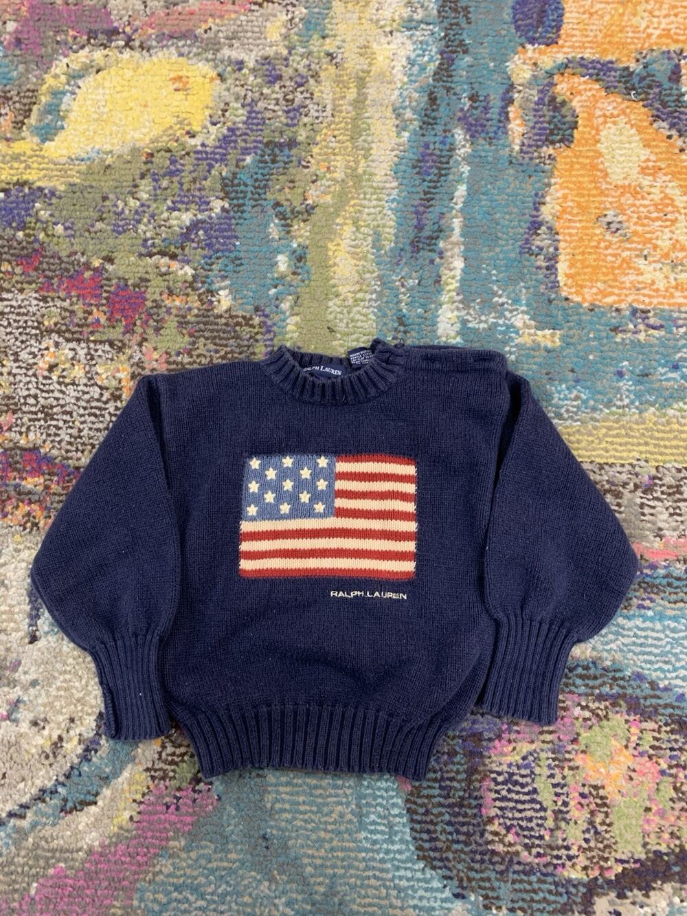 Vintage Ralph Lauren American Flag Sweater Toddler 2T Navy USA Cotton Preppy